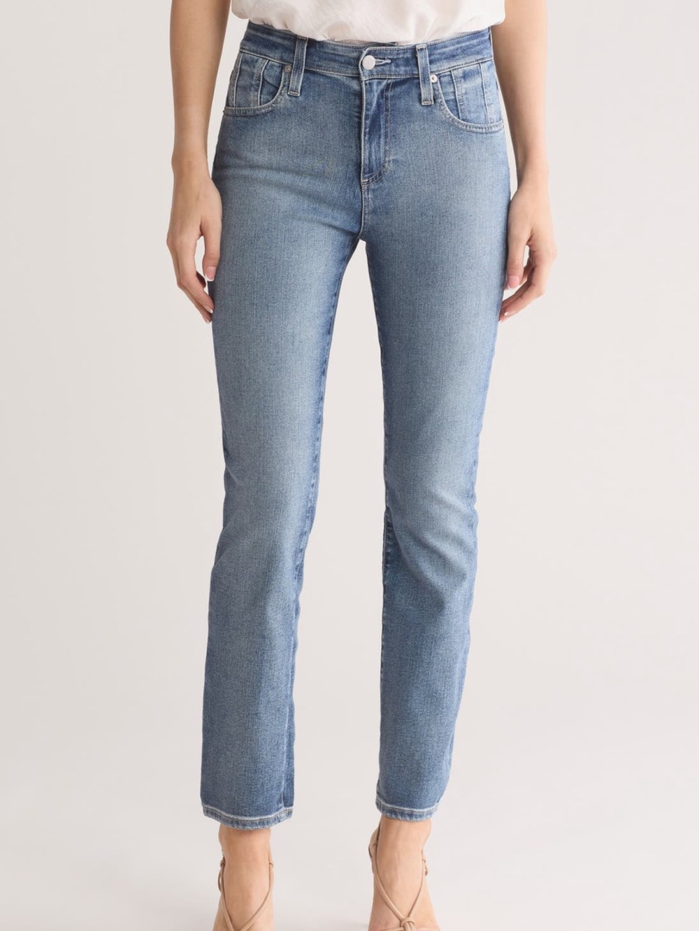 AG Jeans Paneled Mari Slim Straight Leg Jeans in Light Blue Wash